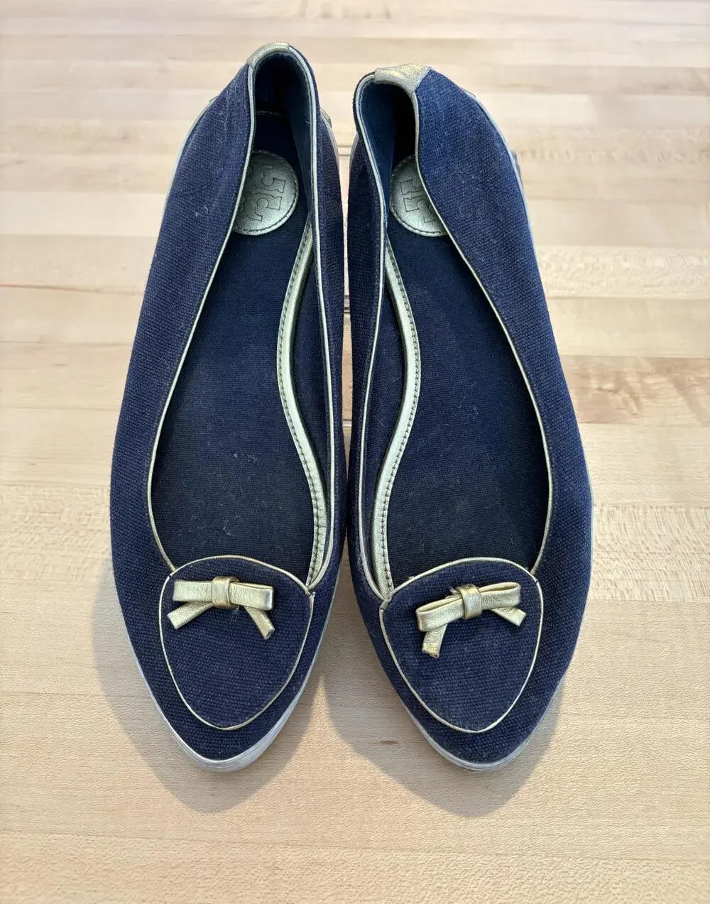 Tory Burch Shoes Womens Size 6 Navy Gold Logo Canvas Bow Ballet Flats Casual